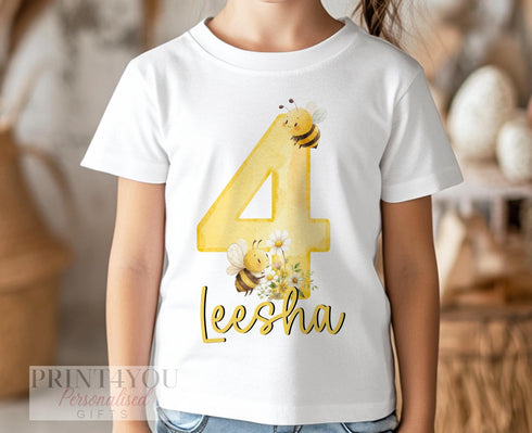 Personalised Bee Birthday T-Shirt – Custom Name & Age Top for Girls 1–10 – Yellow Daisy Design, Cotton DTG Tee, Gift Idea