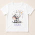 A white t-shirt with a printed image of a baby elephant surrounded by stars and the name "Layla" written below it.