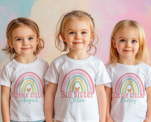 Personalised Big Middle and Little Sister Rainbow Cotton T-Shirts - Ideal Gift for New Siblings Pregnancy Announcement