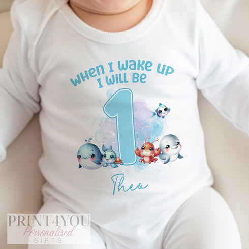 Under the Sea Blue: Personalised 'When I Wake Up I Will Be One' Sleepsuit & Vest - 1st Birthday Outfit