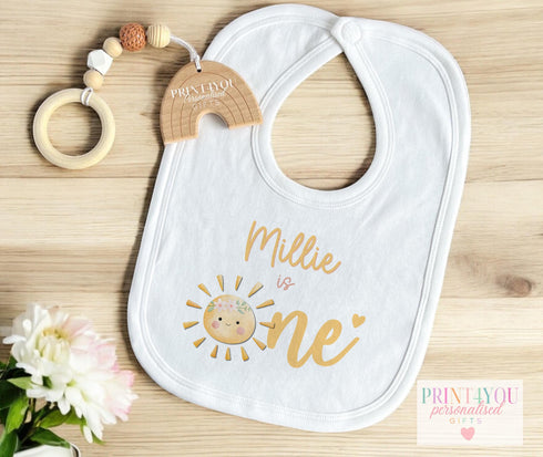 Personalised Baby Birthday Gift - Sun is One Sleepsuit Bib Vest or T-Shirt