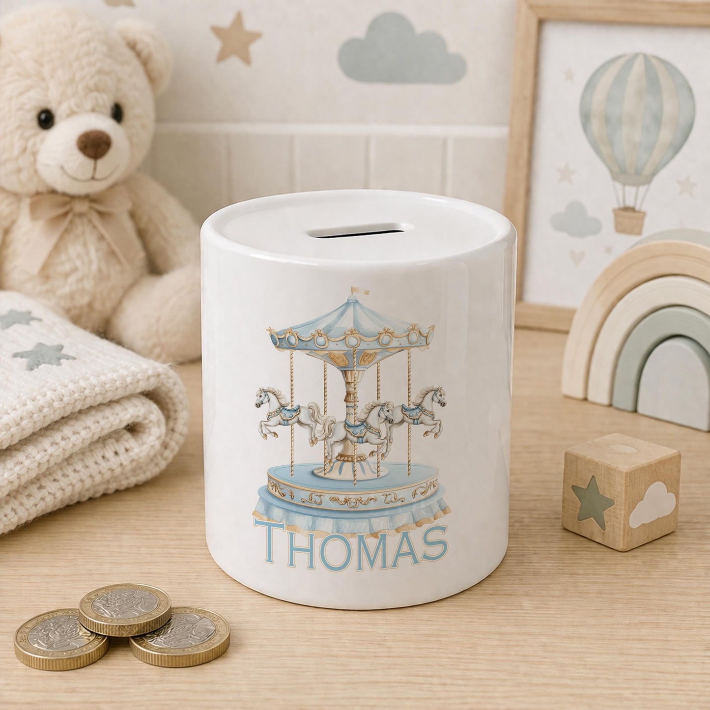 Personalised carousel ceramic coin bank with removable stopper