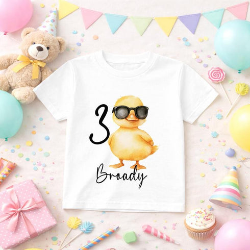 Personalised third birthday boy t-shirt featuring cool duck wearing sunglasses with custom name and age printed on white children's t-shirt