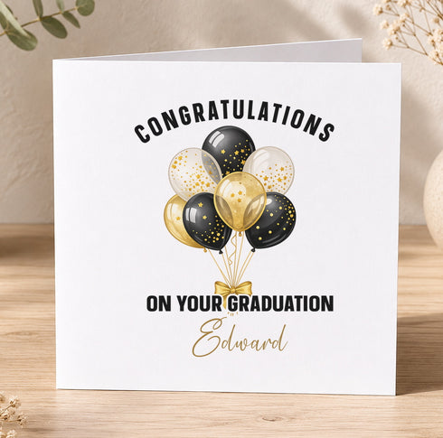 The image is a graduation card with a congratulatory message and an illustration of balloons.