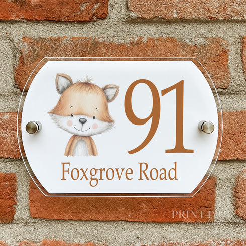 Personalised Cute Fox House Number Plaque | Custom UV Printed Door Sign | Outdoor Acrylic Street Sign 200mm x 140mm