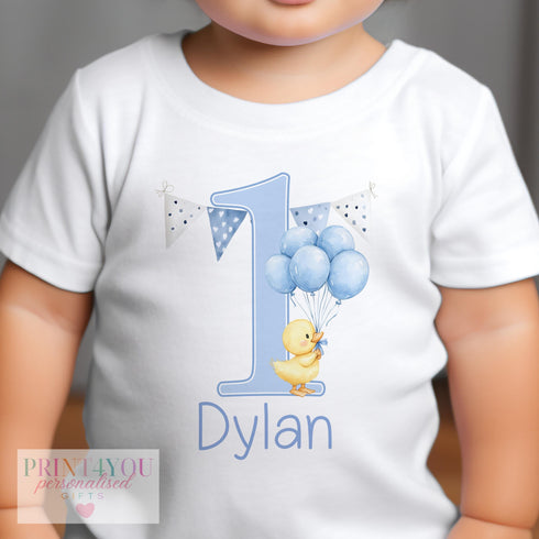 Personalised First Birthday T-Shirt Sleepsuit Vest Set - Blue Balloon Duck Design