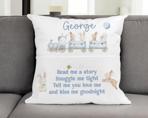 Personalised Childrens Book Cushion - Blue Train Design Perfect Easter Gift with Bunny Rabbit Theme