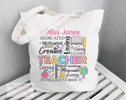 Thank You Teacher Gift | Cotton Tote Bag | Reusable Shopping Bag | 100% White Cotton Bag | Personalised shopper bag | Dedicated Motivated