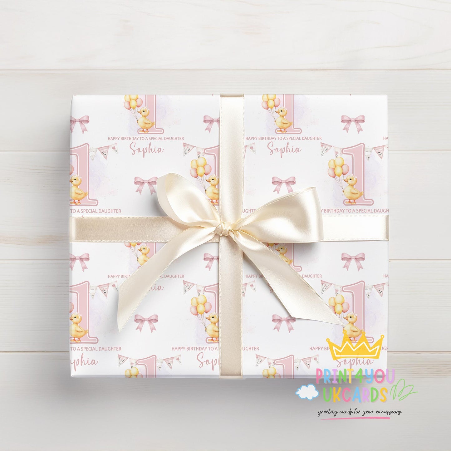 Printed 1st birthday wrapping paper shown as wrapping paper