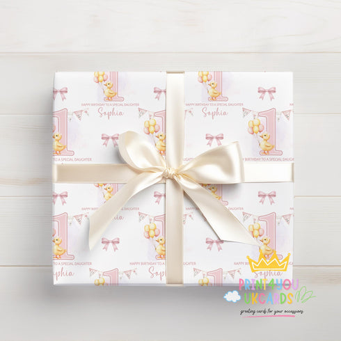 Personalised 1st Birthday Wrapping Paper – Pink Duck Design with Name & Relation Custom Gift Wrap