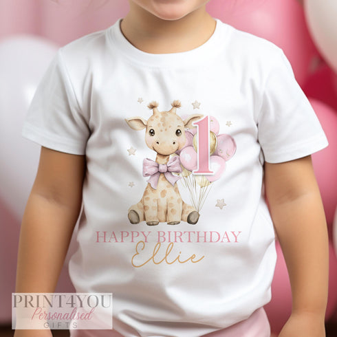 Personalised Pink Girafe Birthday T-Shirt ANY AGE - Cotton White Top, Any Age, Girls Cute Party Top