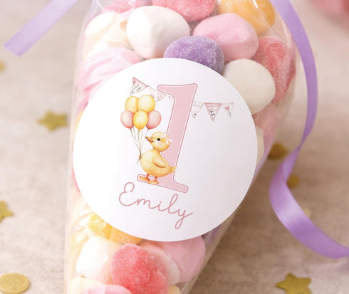 Personalised 1st birthday duck sticker with balloons, pink number one party bag label custom name sweet cone sticker