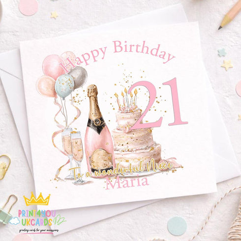 Personalised 21st birthday card with champagne cake and balloons, pink and gold birthday card for niece, elegant milestone birthday card with name