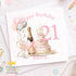 Personalised 21st birthday card with champagne cake and balloons, pink and gold birthday card for niece, elegant milestone birthday card with name