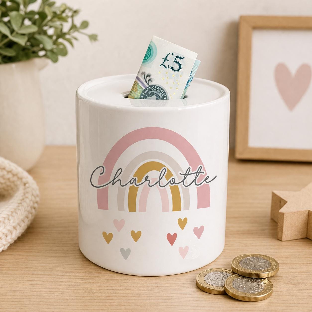 Personalised rainbow ceramic coin bank, piggy bank