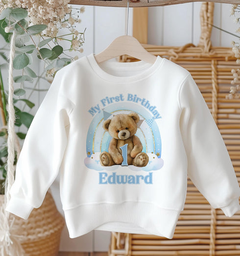 Personalised First Birthday Jumper, Birthday Sweatshirt for Children, I am One, Blue Teddy Bear Rainbow Jumper