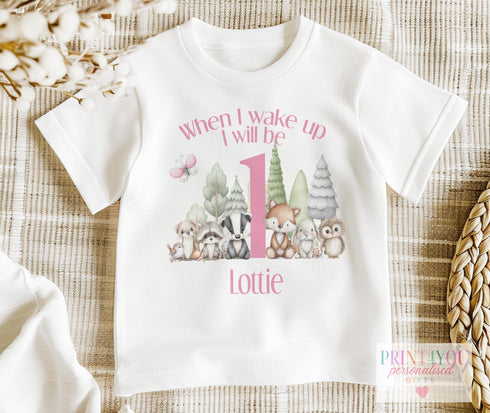 Woodland 1st Birthday Outfit | “When I Wake Up I’ll Be One” Personalised Baby Vest, T-Shirt or Sleepsuit | Forest Animal Design