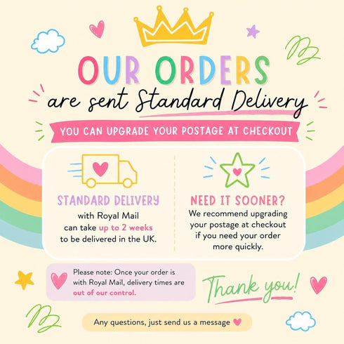 The image is a colorful and whimsical poster with a rainbow background, featuring text and illustrations related to standard delivery services.