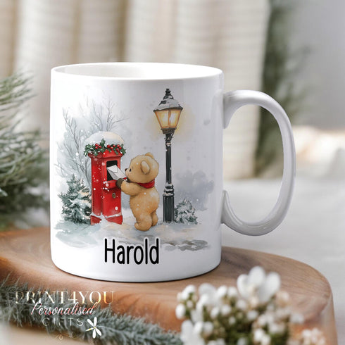Personalised Christmas Mug, Teddy Bear Post Box Design - Perfect for The Postman