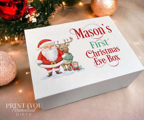 Christmas Eve Personalised Gift Box, Babies First xmas keepsake box, Magnetic closed white box, Reindeer and Santa