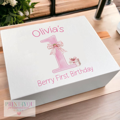 Personalised Baby Keepsake Box with Magnetic Closure - White Card Strawberry ONE Design for First Birthday