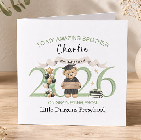 The image is a greeting card celebrating Charlie's graduation from Little Dragons Preschool.