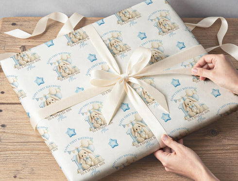 Personalised Birthday Wrapping Paper – Blue Bunny First Birthday Gift Wrap Custom Name