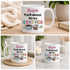 The image is a collage of three photos featuring a white mug with a personalized message and illustrations.