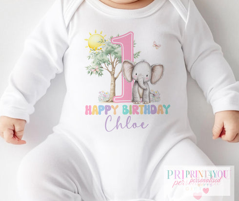 Personalised Pastel Pink Elephant 1st Birthday Outfit | Baby Girl Vest, Bib, Sleepsuit or T-Shirt | Custom Name | First Birthday Gift