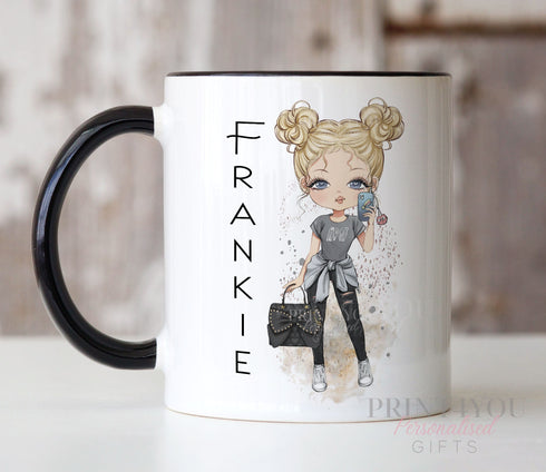 Personalised Gift Mug – Custom Ceramic Mug With Black Trim – Fashion Girls Design - Plain White Mug