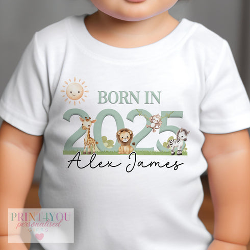 Personalised Baby Sleepsuit "Born in 2025 Safari" t-shirt, vest and bib - Perfect New Baby Gift!