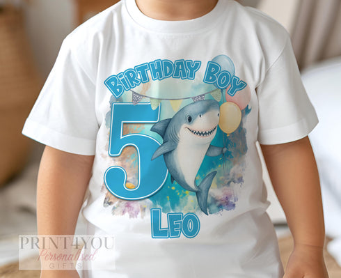 Shark Birthday Boy T-Shirt with Balloons | Personalised Ocean Theme Birthday Tee | DTG Cotton Top | 6m–10yrs Party Outfit