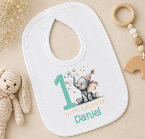 Personalised first birthday bib with elephant design, number one and custom name print