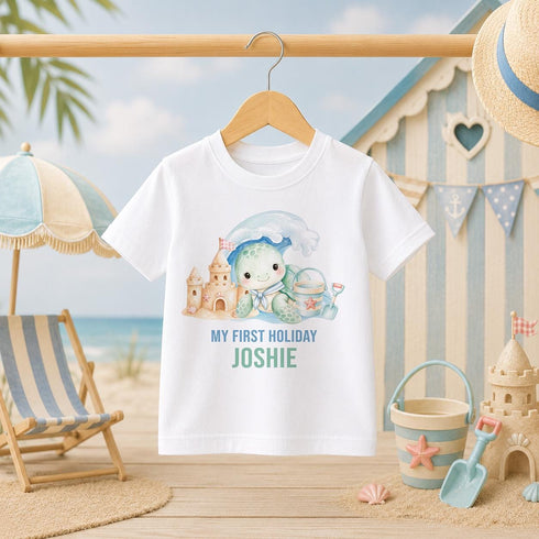 Personalised My First Holiday Turtle T Shirt Baby Beach Holiday Outfit Summer Vacation Tee Custom Name Shirt