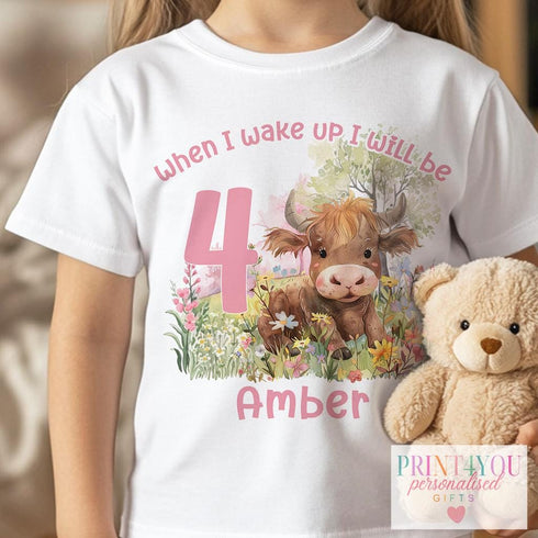 Personalised Highland cow Birthday Pyjama T-Shirt – "When I Wake Up I Will Be..." – Custom Name & Age (1-5) | White Cotton Tee | 6m to Age 8