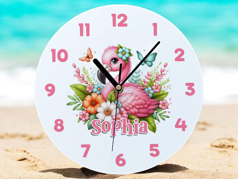 Personalised Childrens Acrylic Clock Tropical Pink Flamingo 24.5cm Wide Ideal Gift for Girls.