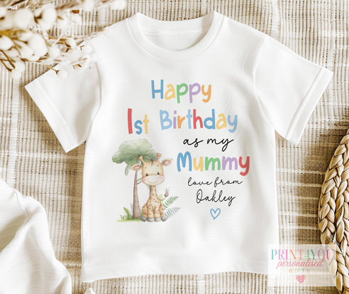 Happy 1st Birthday Mummy, First Birthday as My Mummy, Gift from Baby, Pastel Safari Giraffe, Baby Vest Sleepsuit Bodysuit T-Shirt Bib