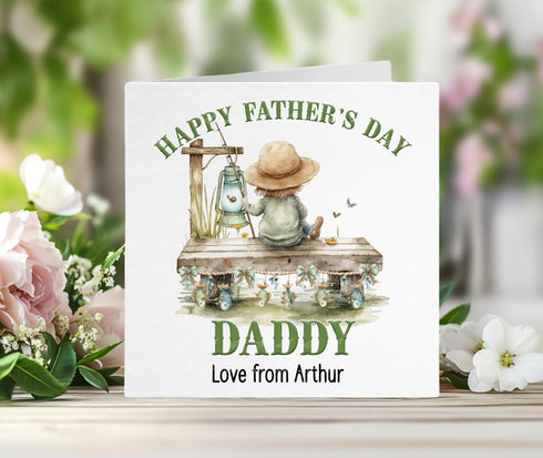 Personalised Father’s Day Card from Child – Fishing Theme – 6x6” Square Card with Envelope – Daddy Gift – Blank Inside – Custom Name