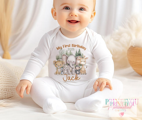 Safari 1st Birthday Personalised Baby Outfit 2025 | Name Vest, T-Shirt, Sleepsuit or Bib | Jungle Animal Cotton DTG Gift | Baby Boy or Girl