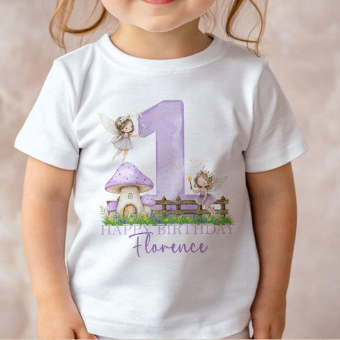 Personalised Purple Fairy First Birthday T-shirt Sleepsuit Vest or Bib for Baby Girl