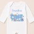 A white onesie with a personalized text and illustrations related to the ocean theme.