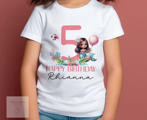 Personalised Mermaid Birthday T-Shirt ANY AGE - Cotton White Top, Any Age, Brown Skin Mermaid with a large printed number