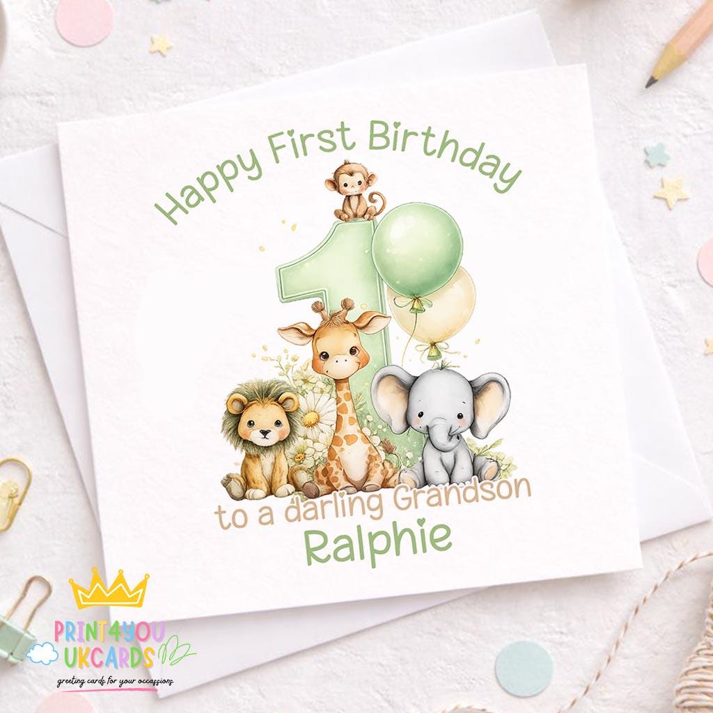 Square personalised first birthday greeting card, blank sample showing the safari animal number one design.