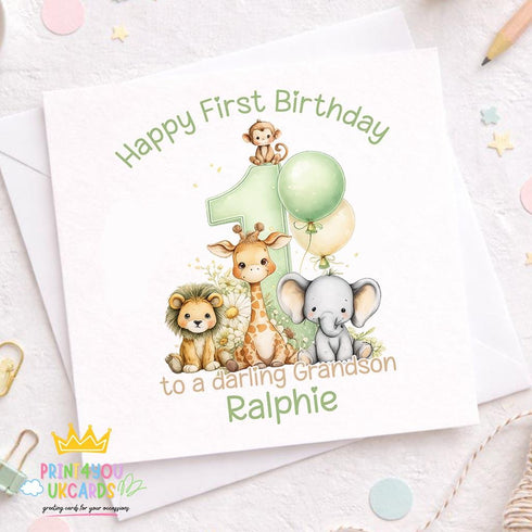 Personalised 1st birthday card for grandson with safari animals and green number one balloon, cute first birthday card with name