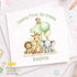 Square greeting card showing the boys first birthday card design