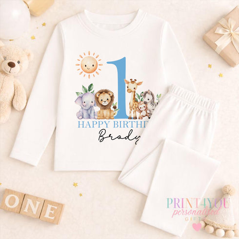 Personalised 1st Birthday Outfit – Safari Baby Boy Vest Bodysuit Cake Smash Set