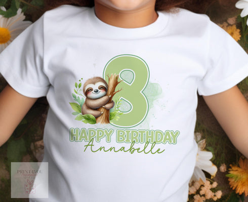 Personalised Sloth Birthday T-Shirt ANY AGE - Cotton White Top, Any Age, Sloth on a Tree with a large printed number