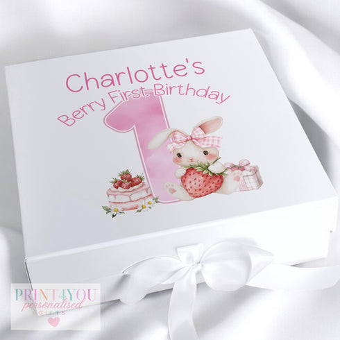 Personalised Berry First Strawberry Birthday Keepsake Box with Bunny Rabbit and Ribbon Tie