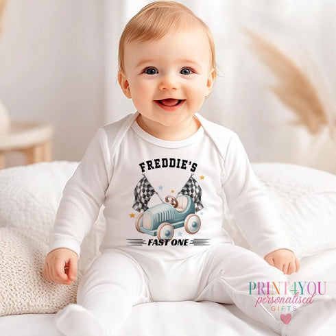 Personalised Fast one First Birthday T-shirt, Racing Car Sleepsuit, Vest or Bib