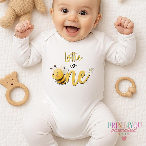 Bee 1st Birthday Personalised Baby Outfit | "Is One" Sleepsuit, Vest or T-Shirt | Cute Bumblebee Design | DTG Printed Gift